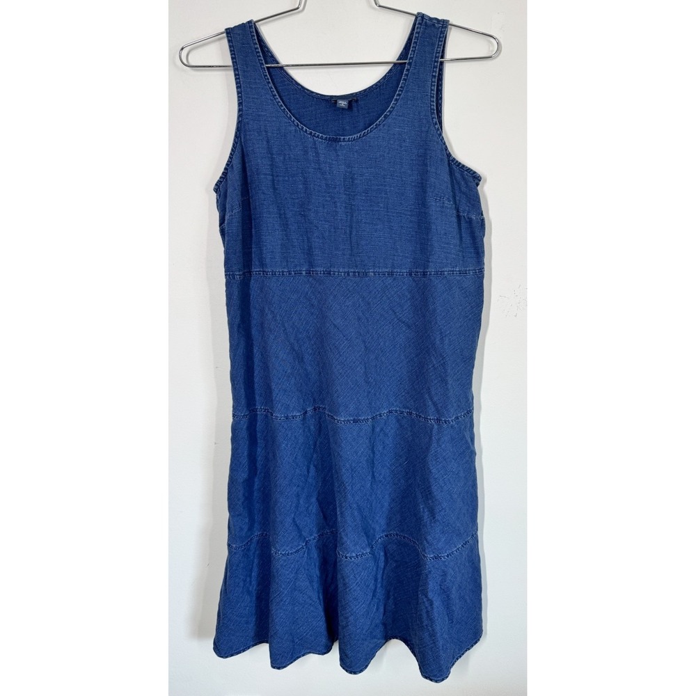 J. Jill Denim Blue Chambray Linen Cotton Sleeveless Midi Tiered Boho Dress Sz‎ M